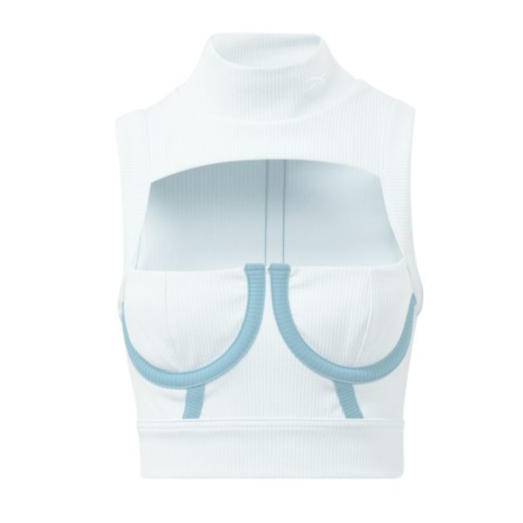 Cardi B x Reebok Ribbed Women's High Neck Underwire Crop Top with Cutout Blue S - Picture 1 of 5